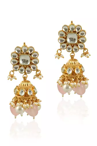 Small White Jhumki With Light Pink Beads And Pearl
