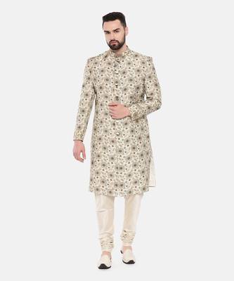Beige Printed Muslin Sherwani 1