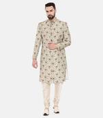 Beige Printed Muslin Sherwani
