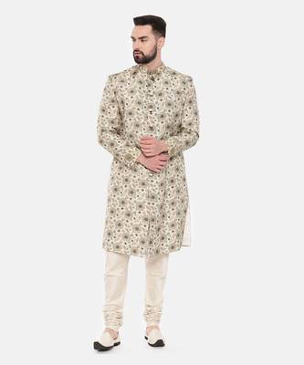 Beige Printed Muslin Sherwani 2