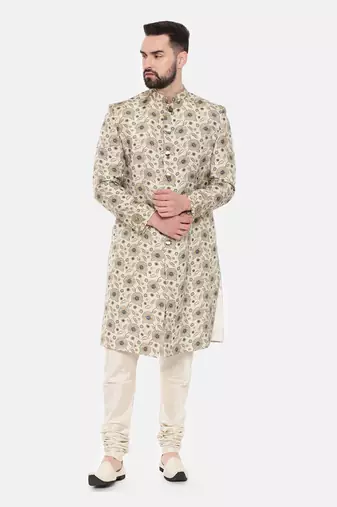 Beige Printed Muslin Sherwani
