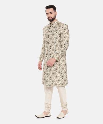Beige Printed Muslin Sherwani 3