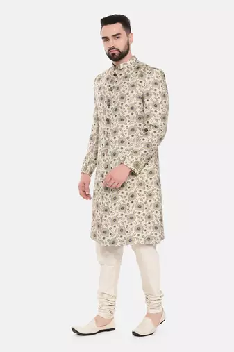 Beige Printed Muslin Sherwani