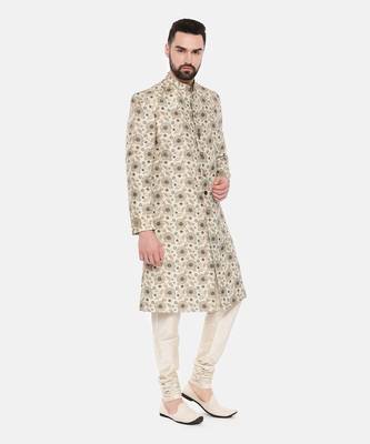 Beige Printed Muslin Sherwani 4