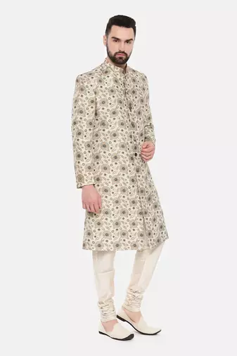Beige Printed Muslin Sherwani