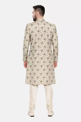 Beige Printed Muslin Sherwani