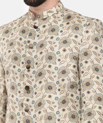 Beige Printed Muslin Sherwani 6