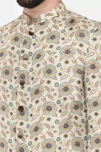 Beige Printed Muslin Sherwani