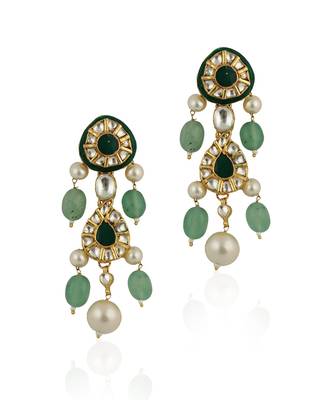 Green Meenawork Earrings With White Pearl And Sea Green Beads 2