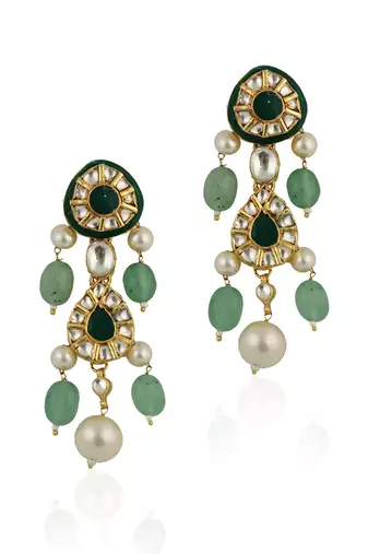 Green Meenawork Earrings With White Pearl And Sea Green Beads