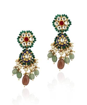 White And Pink Jadtar Stone Earrings With Sea Green Beads 2