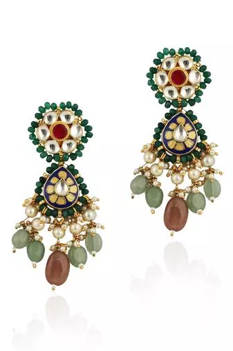 White And Pink Jadtar Stone Earrings With Sea Green Beads