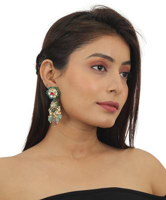 White And Pink Jadtar Stone Earrings With Sea Green Beads 1