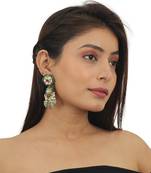 White And Pink Jadtar Stone Earrings With Sea Green Beads