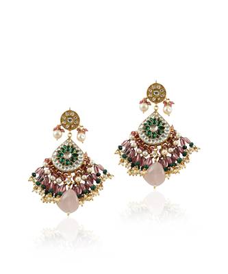 White And Green Stone Earrings With Pink Beads 2
