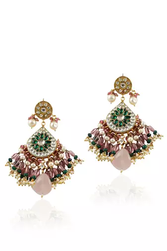 White And Green Stone Earrings With Pink Beads
