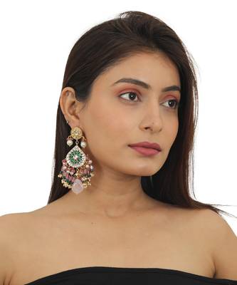 White And Green Stone Earrings With Pink Beads 1