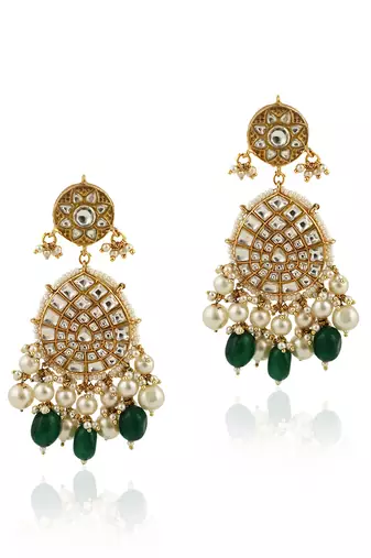 White Stone Earrings With White Pearl And Green Beads