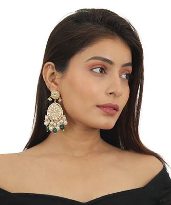 White Stone Earrings With White Pearl And Green Beads 1