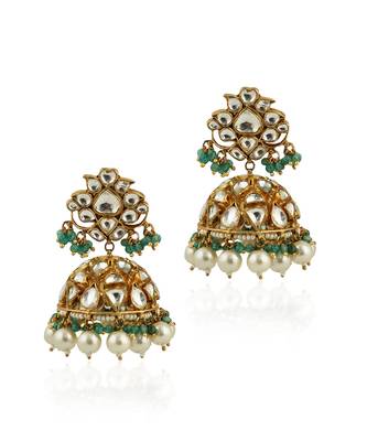 White Jhumki With Pearl And Sea Green Hangings 2