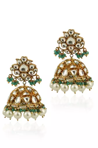 White Jhumki With Pearl And Sea Green Hangings