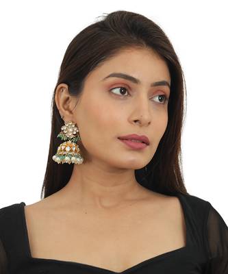 White Jhumki With Pearl And Sea Green Hangings 1