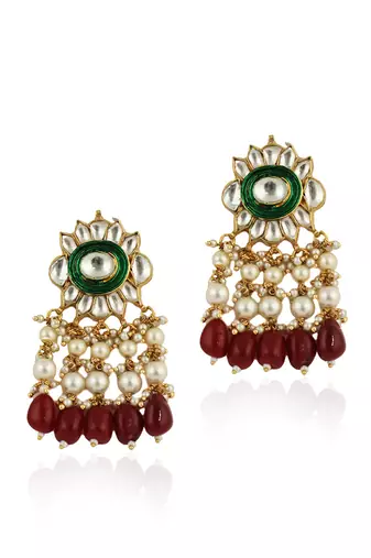 Green Meenawork Earrings With Red Beads