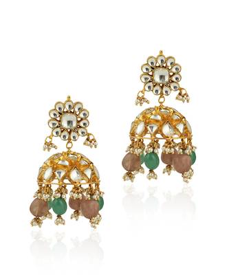 White Jhumki With Sea Green Beads And Pastel Pink Beads 2