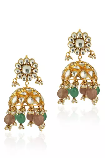 White Jhumki With Sea Green Beads And Pastel Pink Beads