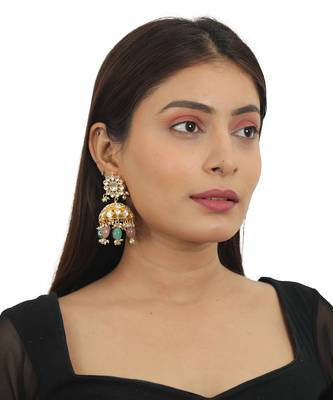 White Jhumki With Sea Green Beads And Pastel Pink Beads 1