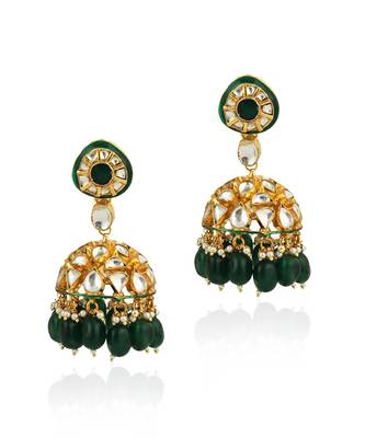 Green Meenawork Jhumki With Green Beads 2