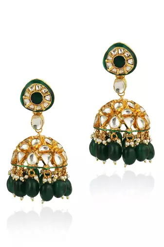Green Meenawork Jhumki With Green Beads