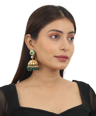 Green Meenawork Jhumki With Green Beads 1