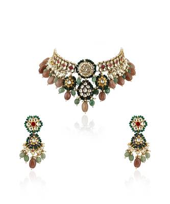 White And Pink Stone Nacklace Set With Pastel Pink And Sea Green Baeds 2