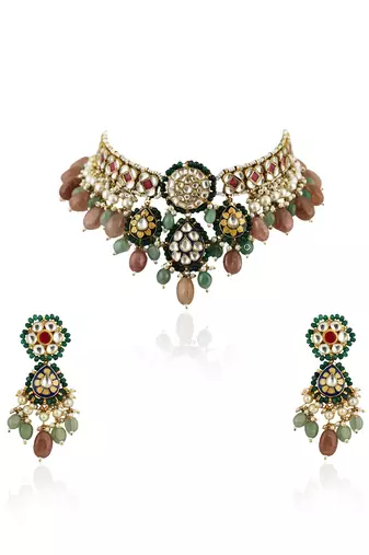 White And Pink Stone Nacklace Set With Pastel Pink And Sea Green Baeds