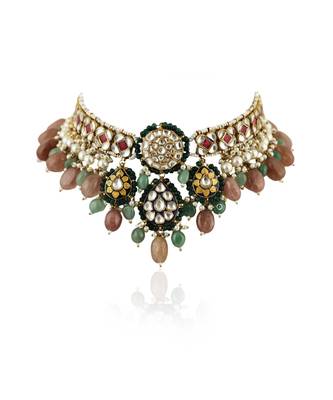 White And Pink Stone Nacklace Set With Pastel Pink And Sea Green Baeds 3