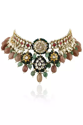 White And Pink Stone Nacklace Set With Pastel Pink And Sea Green Baeds