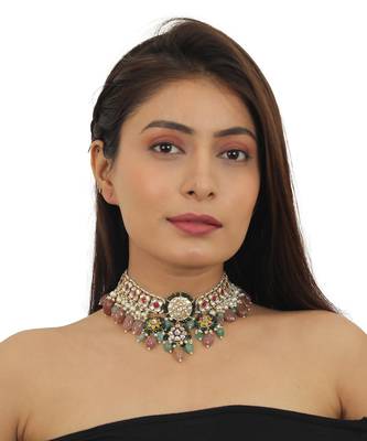 White And Pink Stone Nacklace Set With Pastel Pink And Sea Green Baeds 5