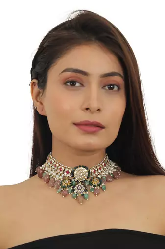 White And Pink Stone Nacklace Set With Pastel Pink And Sea Green Baeds