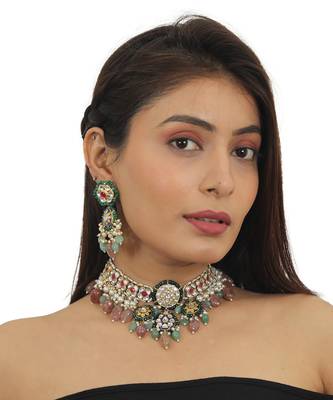 White And Pink Stone Nacklace Set With Pastel Pink And Sea Green Baeds 1