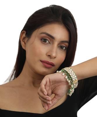 Sea Green Beads With White Pearl Jadtar Stone Bangles(Single Pc) 1