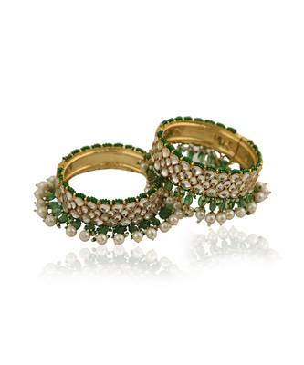 Sea Green Beads With White Pearl Jadtar Stone Bangles(Single Pc) 2