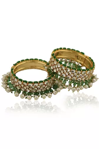 Sea Green Beads With White Pearl Jadtar Stone Bangles(Single Pc)