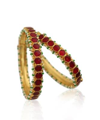 Pink Round Stone Bangles Green Moti Work(Pair) 2