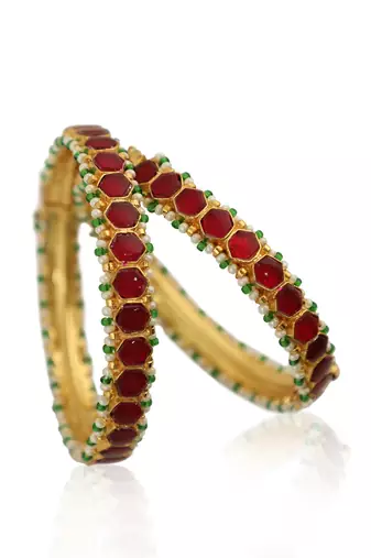 Pink Round Stone Bangles Green Moti Work(Pair)