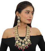 White Jadtar Stone Heavy Long Necklace Set Beadded Light Pink And Dark Pink Beads