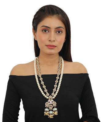 Firozi And Pink Meena Work Pendant With Round Small Flower Line And Pearl Line Long Necklace Set 2