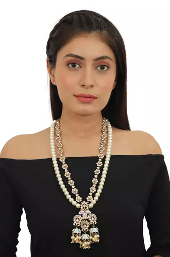 Firozi And Pink Meena Work Pendant With Round Small Flower Line And Pearl Line Long Necklace Set