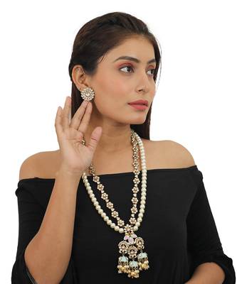 Firozi And Pink Meena Work Pendant With Round Small Flower Line And Pearl Line Long Necklace Set 3
