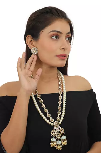 Firozi And Pink Meena Work Pendant With Round Small Flower Line And Pearl Line Long Necklace Set